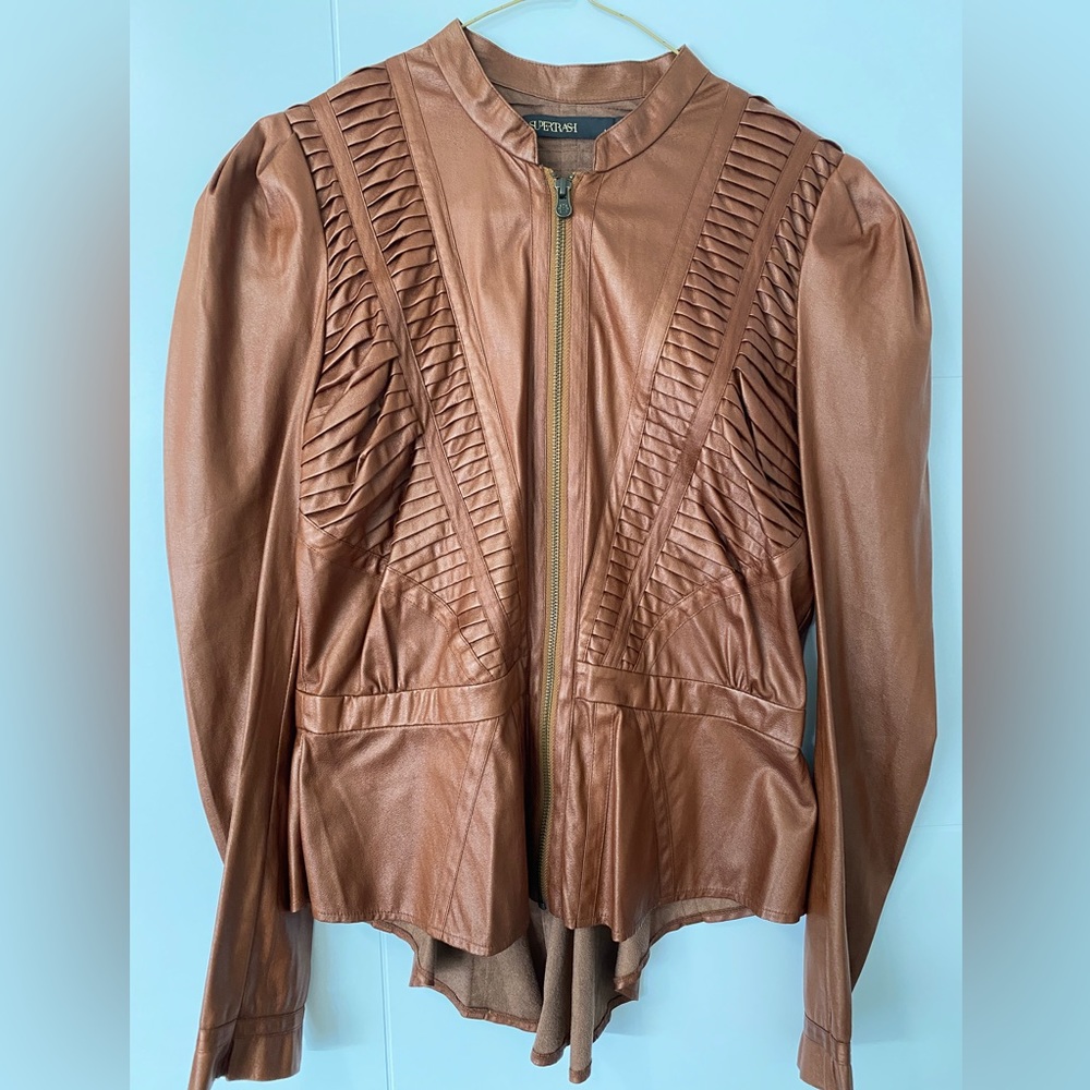 Cognac faux leather peplum jacket